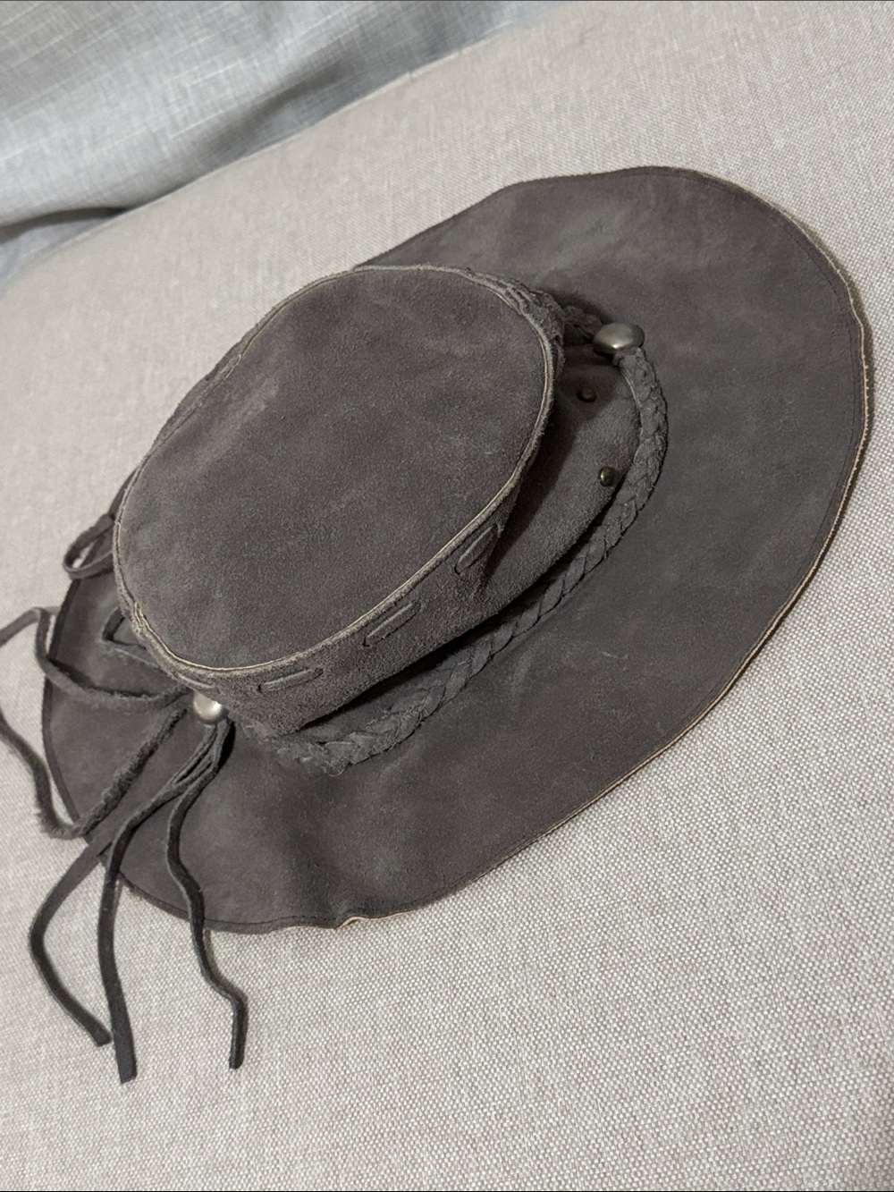 Vintage Handmade Genuine Leather Hat-Made in Mexico-Gray Suede-Wmns Sz M-EUC - Picture 7 of 16